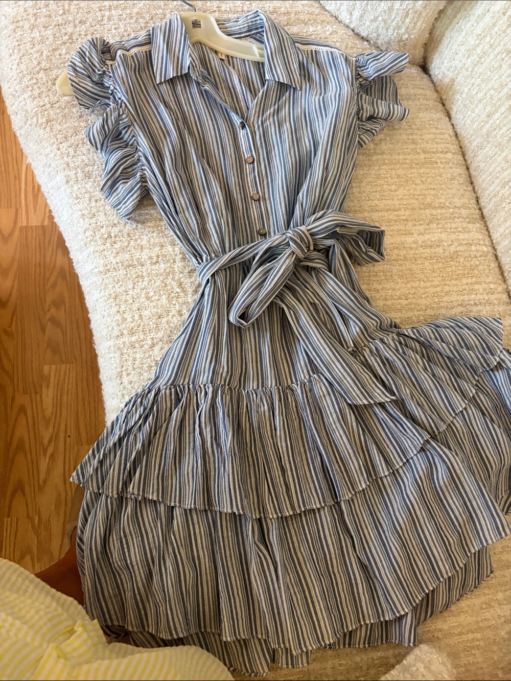 Rebecca Taylor Blue and White Striped Tiered Shirt Dress with Tie Waist